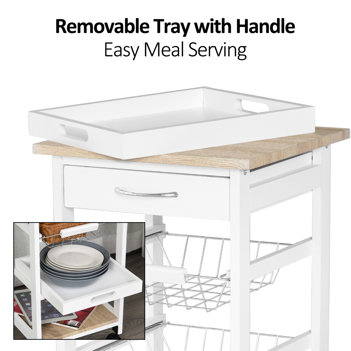 MDF Kitchen Storage Trolley 5-Tier White Pine Frame Drawer 2 Wire Baskets Wheels