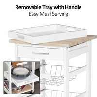 MDF Kitchen Storage Trolley 5-Tier White Pine Frame Drawer 2 Wire Baskets Wheels