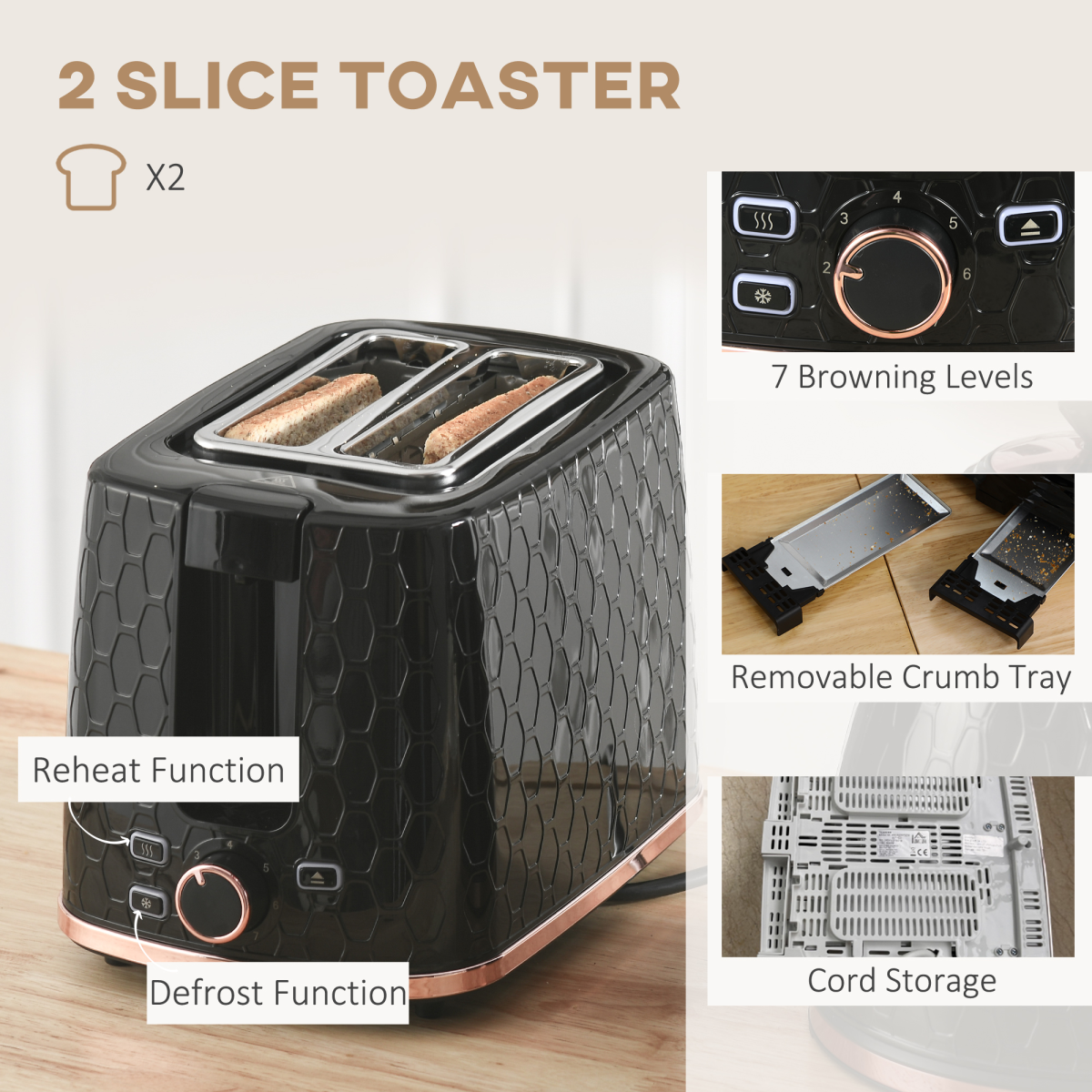 HOMCOM 1.7L Kettle & 2-Slice Toaster Set Fast Boil Auto Pop-Up Black