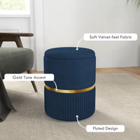 HOMCOM Dark Blue Round Storage Pouffe Footstool, Cushioned Top, Velvet, UK