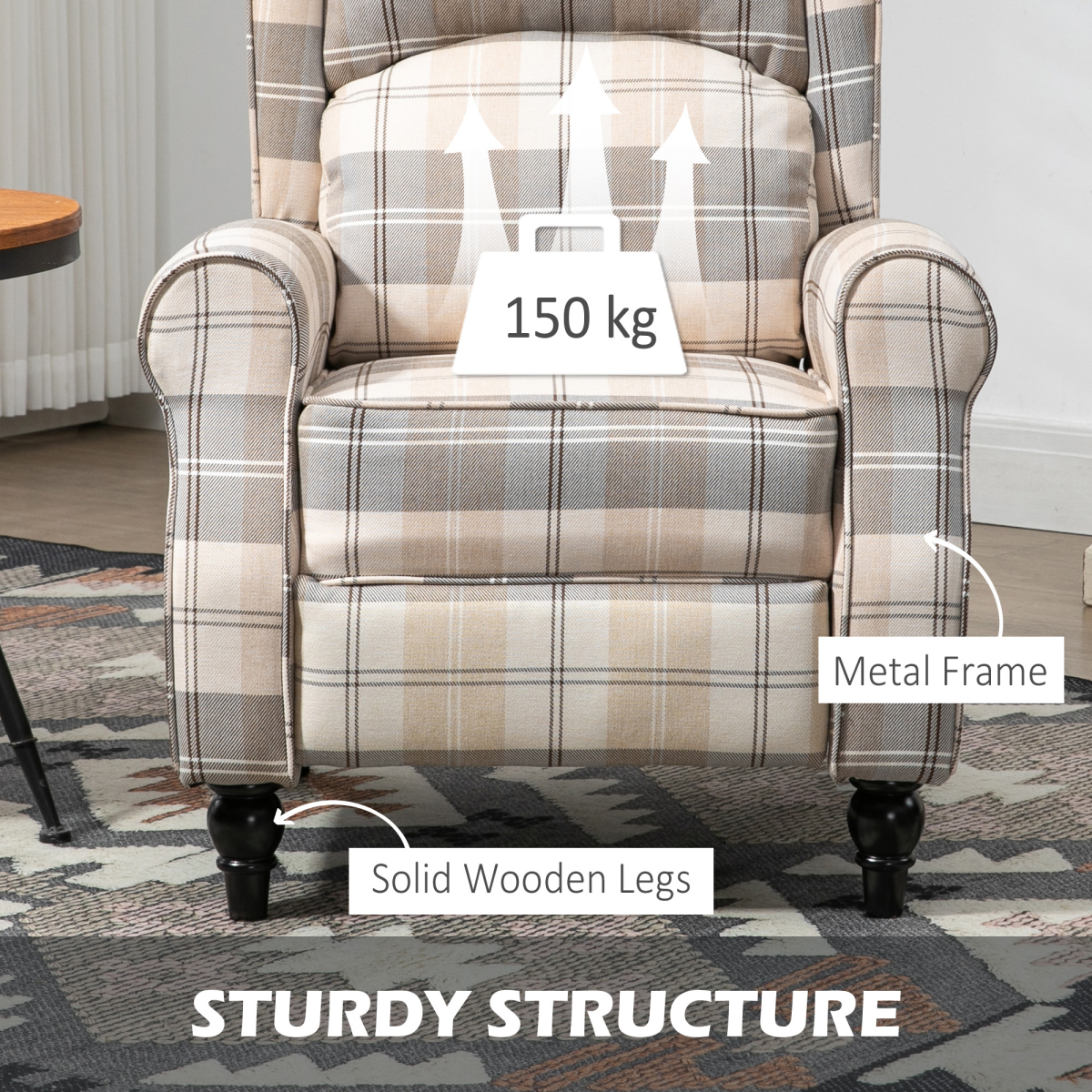 HOMCOM Khaki Recliner Chair Wingback Armchair Adjustable Back 150kg 90-150°