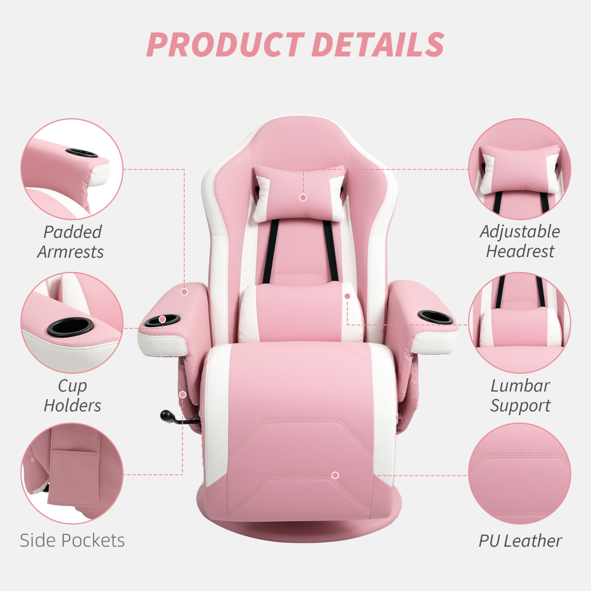 HOMCOM Pink 135° Manual Recliner Swivel Armchair PU Sofa Chair Footrest 130kg