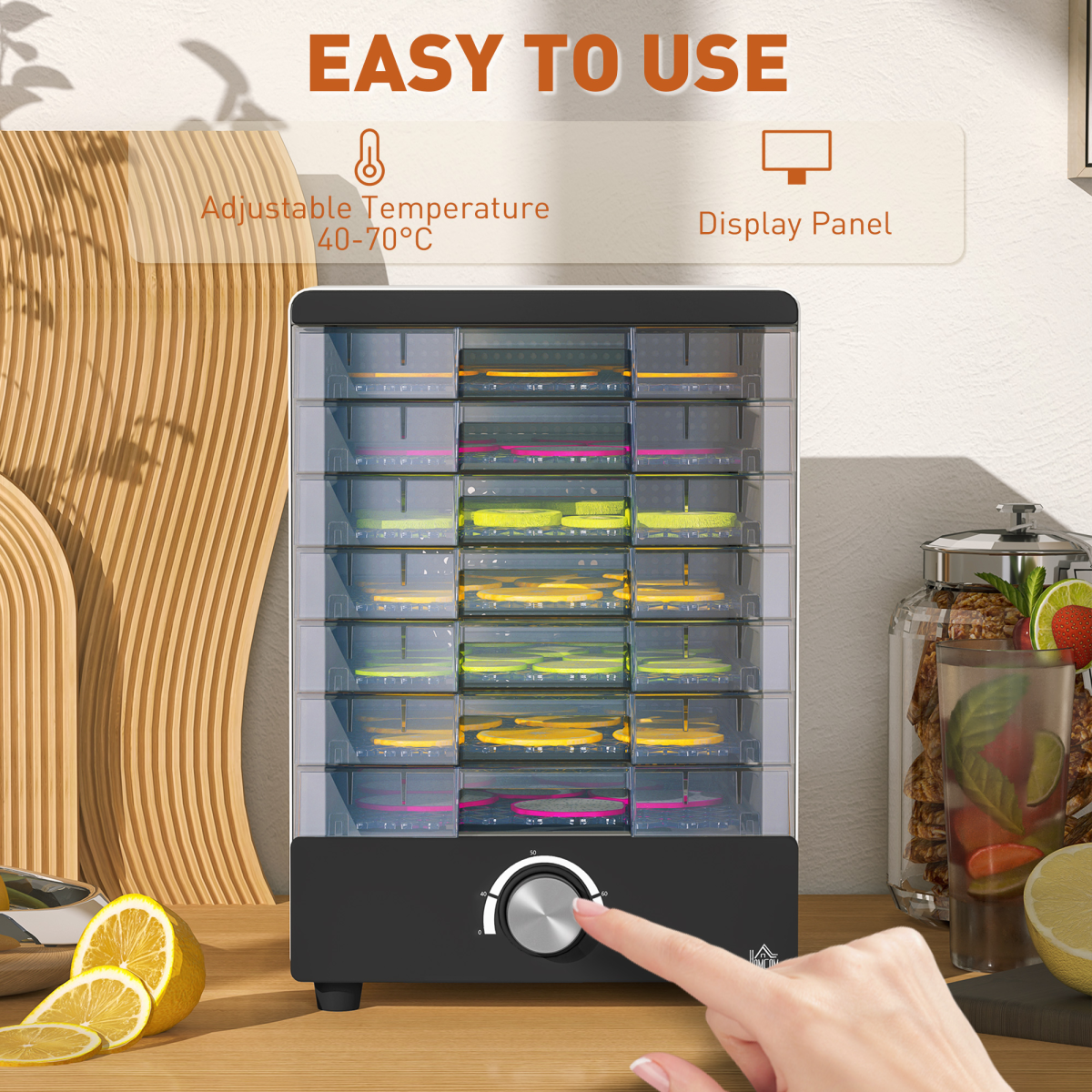 HOMCOM Food Dehydrator 7 Tray Stainless Steel Hot Air Dryer 40-70°C Fruit Meat White