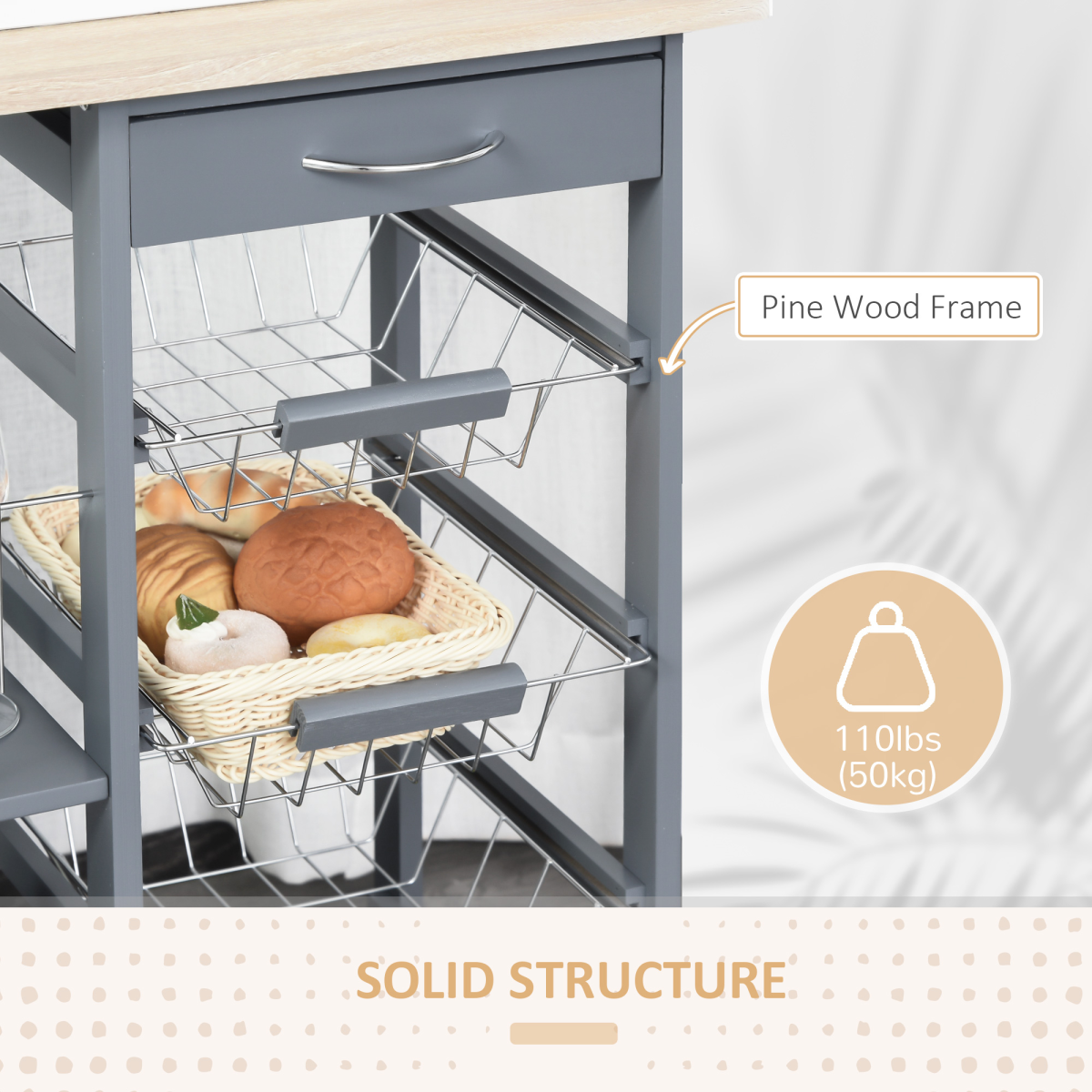 Kitchen Island Trolley Cart w/ 4 Baskets, Drawer & Side Racks Dark Grey