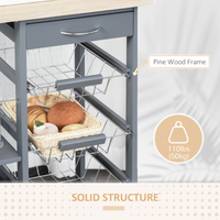 Kitchen Island Trolley Cart w/ 4 Baskets, Drawer & Side Racks Dark Grey