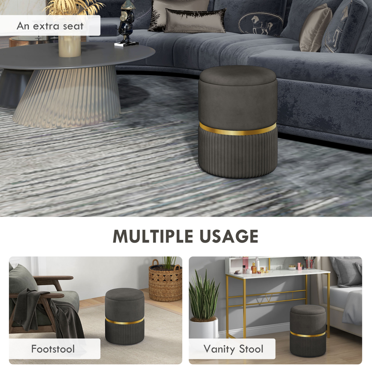 HOMCOM Grey Round Storage Pouffe Footstool Cushioned Top Hidden Space Velvet UK