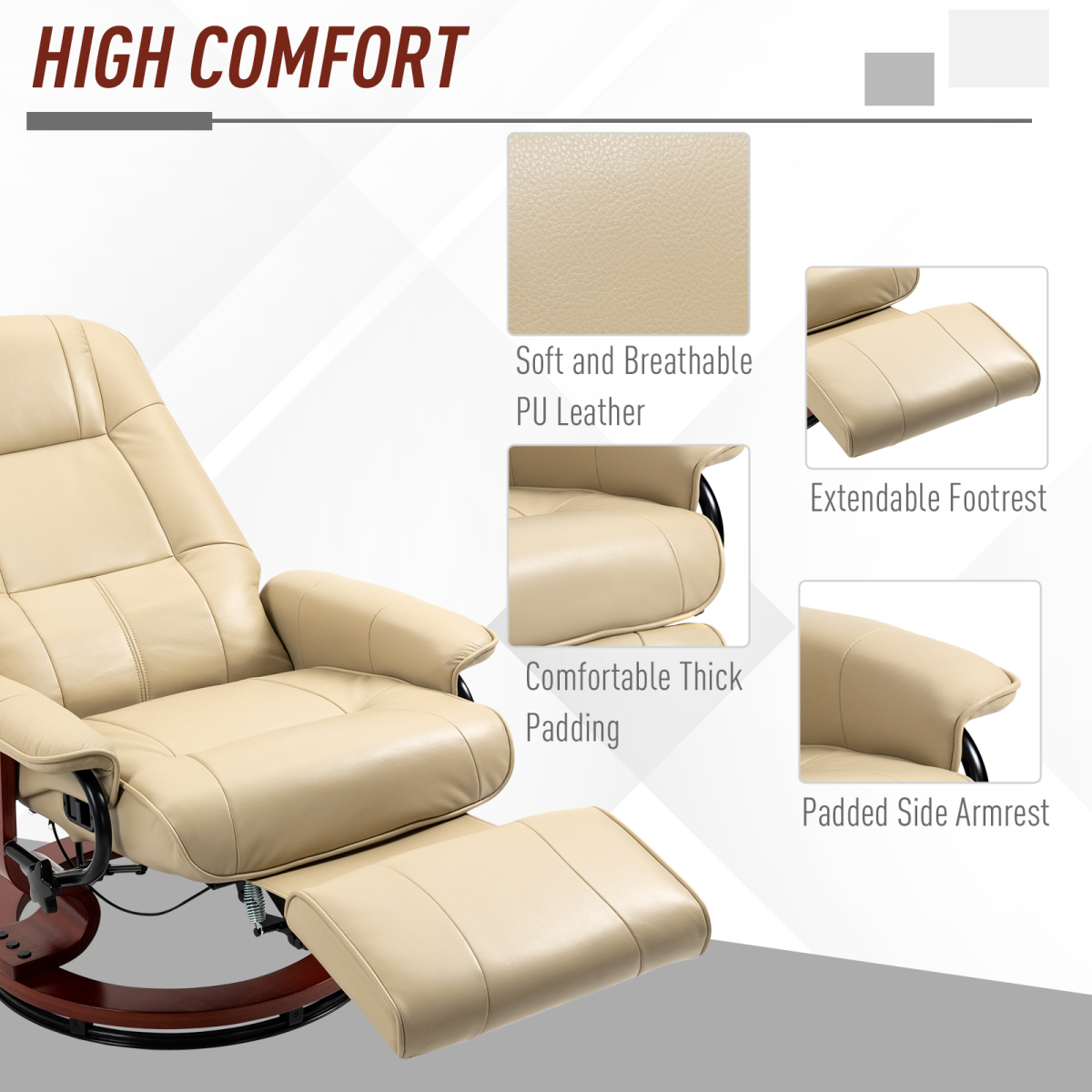 HOMCOM Ergonomic Recliner Office Chair PU Leather Lounger 145° Cream 120kg