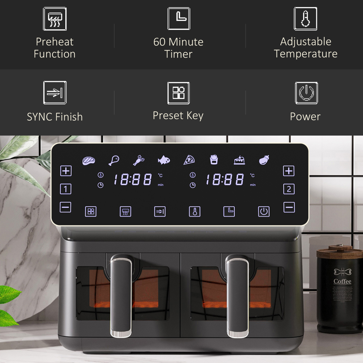 Dual Air Fryer 8L 2 Baskets 8 Presets Timer 2500W Cookbook Non-stick UK Plug