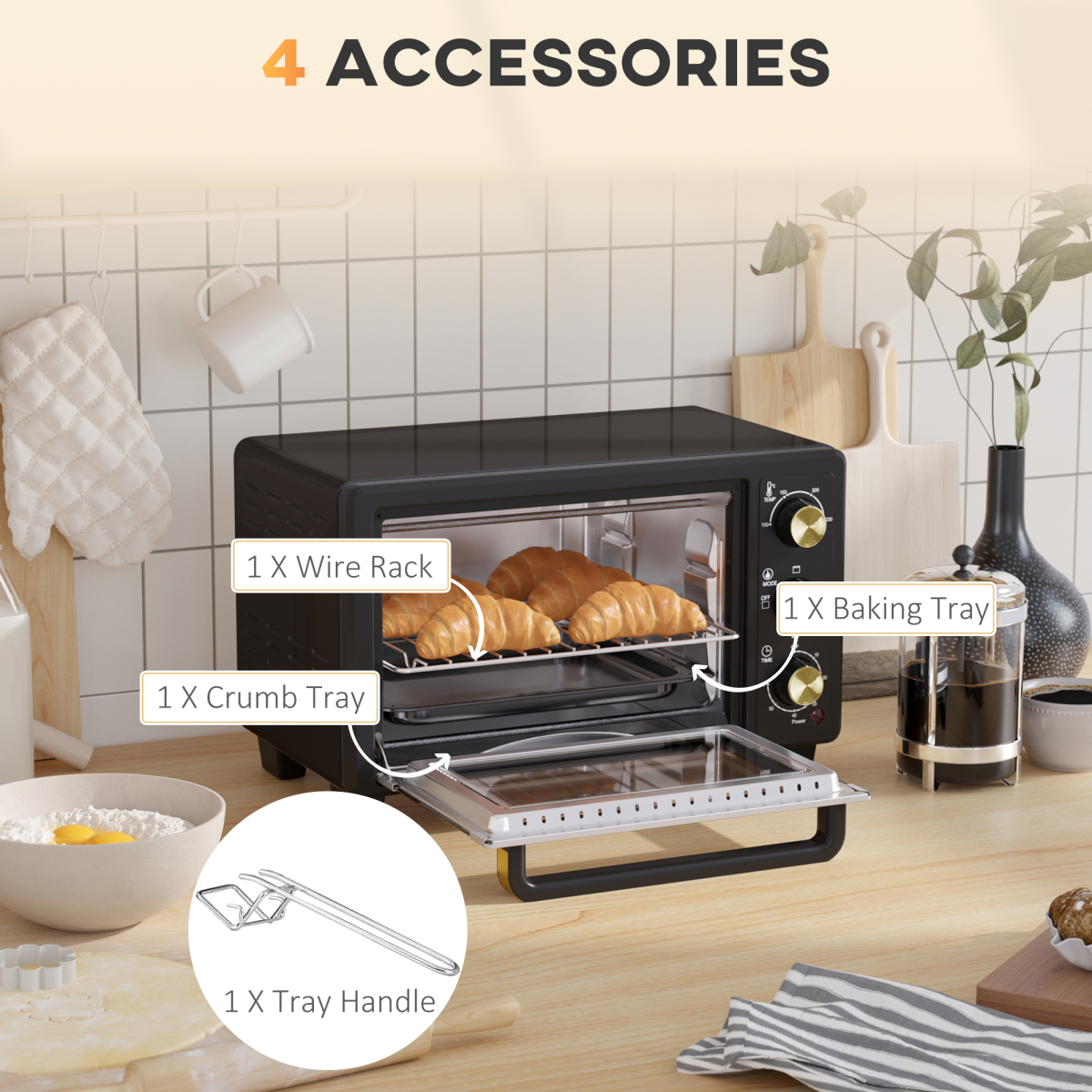 HOMCOM 16L Mini Countertop Oven 1400W Adjustable Temp Timer 100-230°C Black