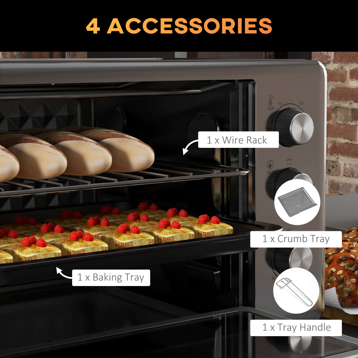 HOMCOM 30L Mini Oven 1600W Silver Adjustable Thermostat Timer 60 Min 3 Heat