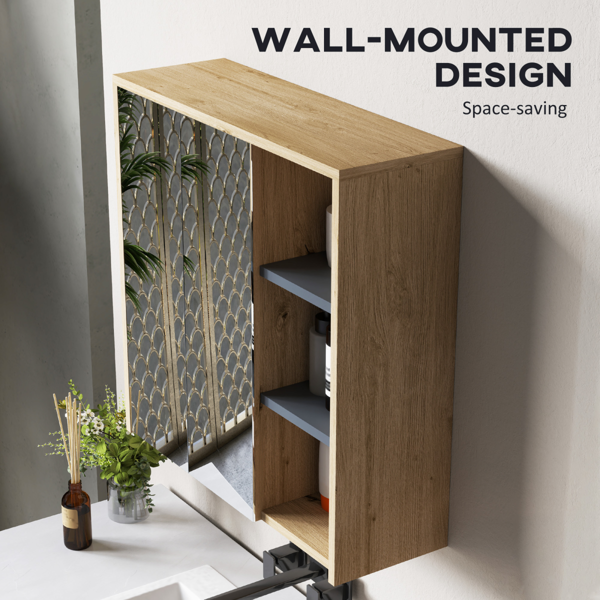 HOMCOM Bathroom Cabinet Wall Mounted Mirror Storage with Shelves Natural
