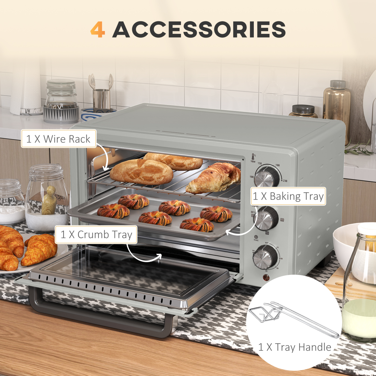 HOMCOM 21L Mini Electric Oven Grill, Adjustable Temp 100-230°C, 1400W Silver