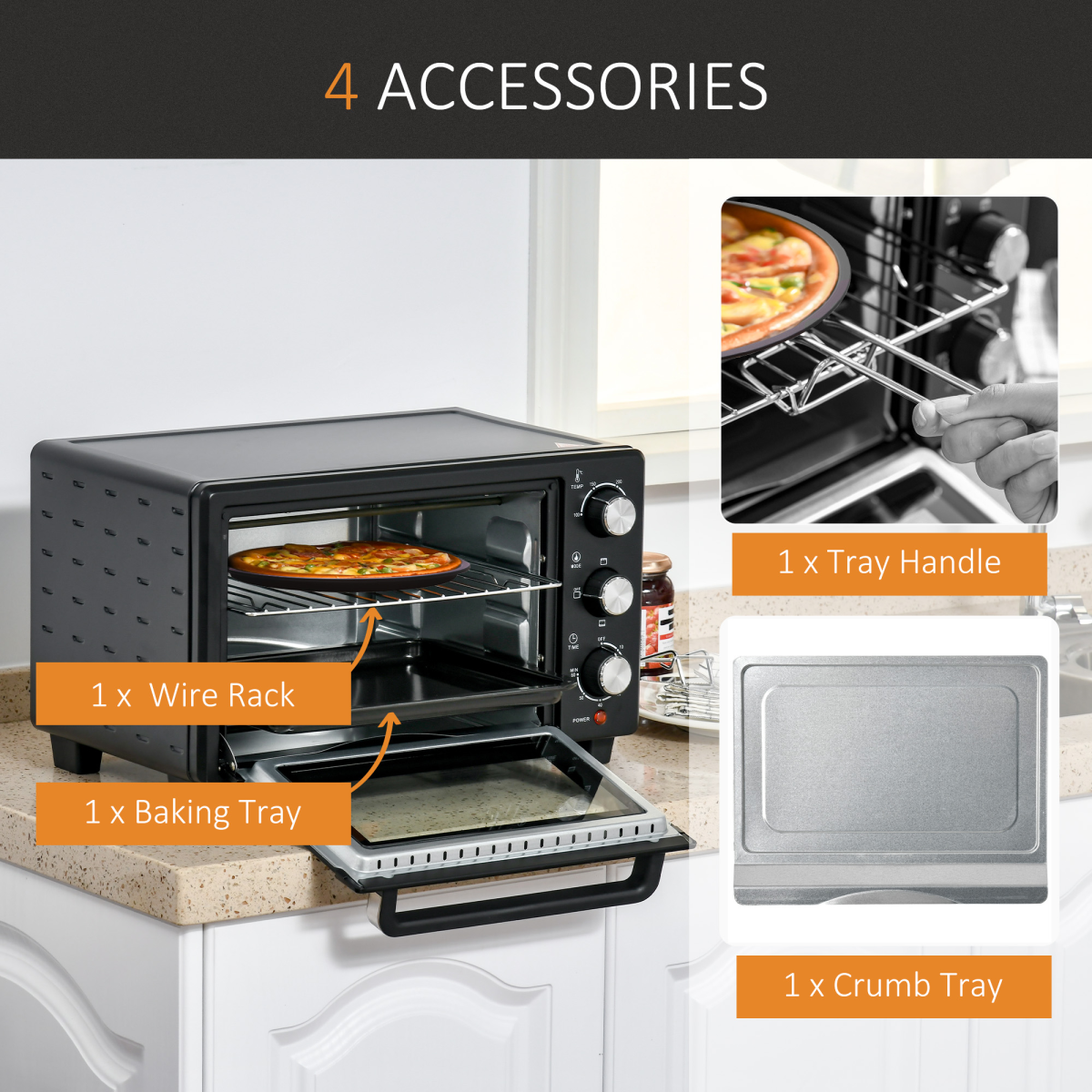Mini Oven 21L 1400W, Grill Toaster Timer, 0-60min, Tray & Wire Rack
