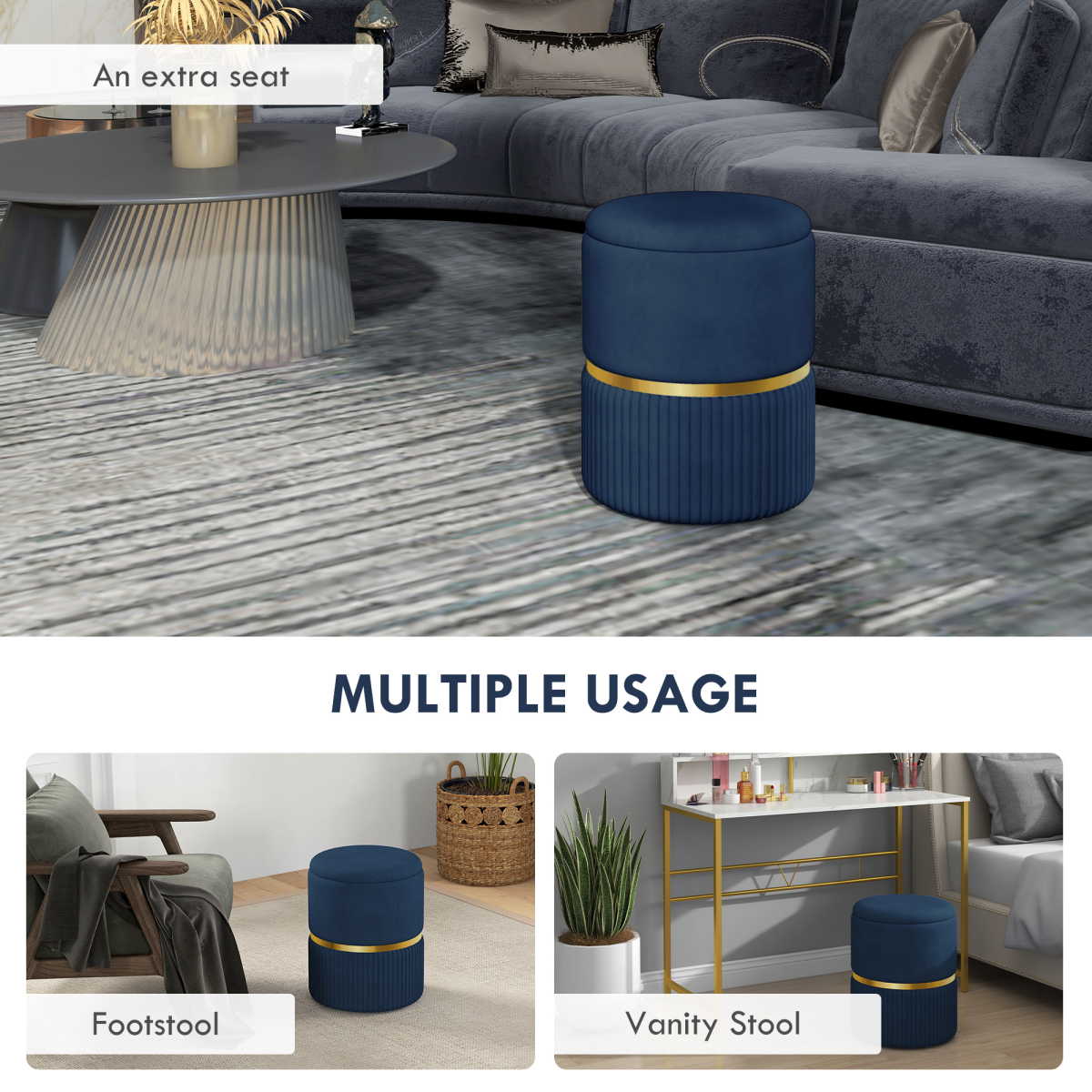 HOMCOM Dark Blue Round Storage Pouffe Footstool, Cushioned Top, Velvet, UK