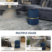 HOMCOM Dark Blue Round Storage Pouffe Footstool, Cushioned Top, Velvet, UK
