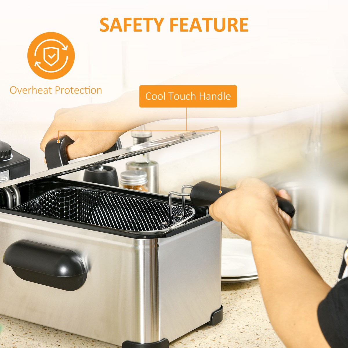 HOMCOM 3L Deep Fat Fryer 2000W Adjustable Thermostat 60min Timer Glass Lid