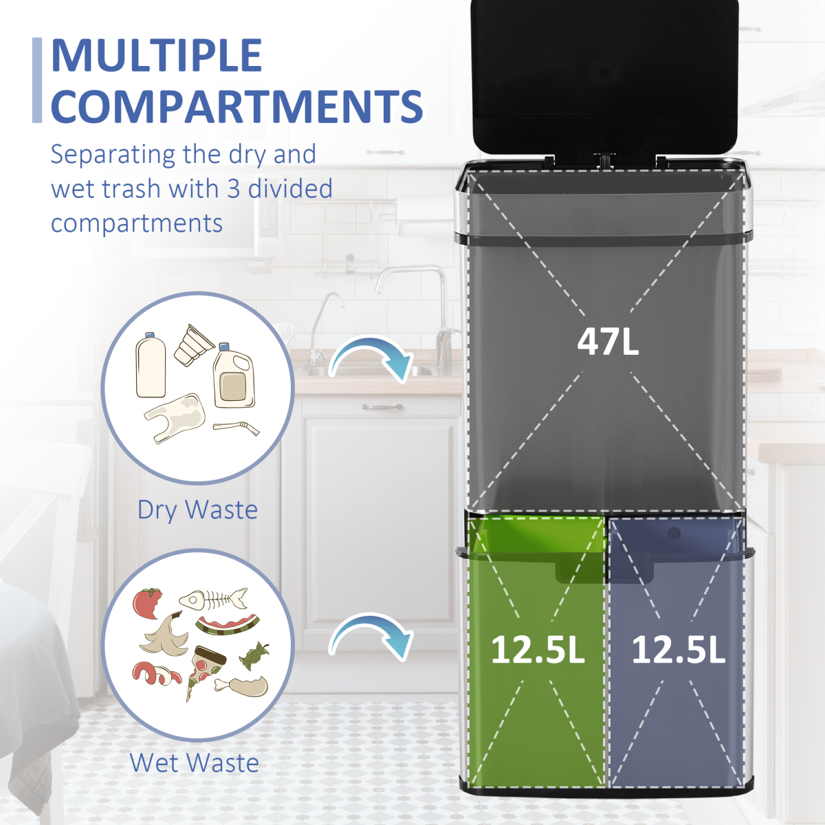 HOMCOM Motion Sensor Rubbish Bin 72L 3 Compartments Stainless Steel Look Lid