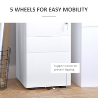 3 Drawer Metal Filing Cabinet Lockable 4 Wheels Compact Under Desk White