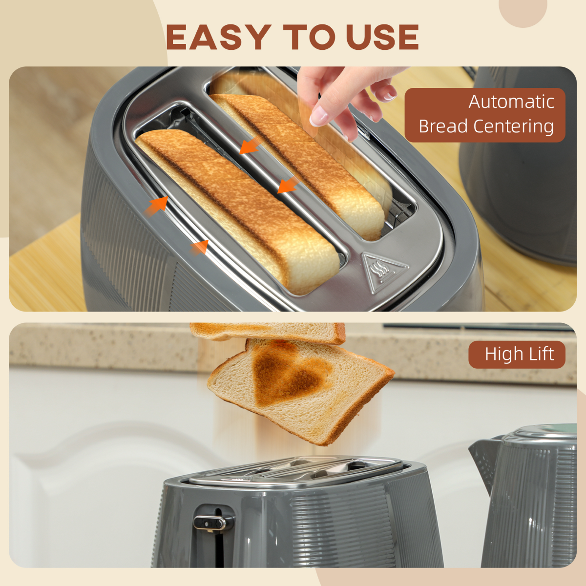 HOMCOM 1.7L Fast Boil Kettle & 2 Slice Toaster Set Grey Silver, BPA Free