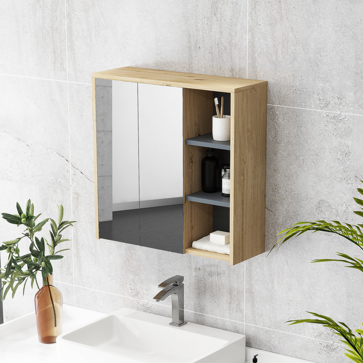 HOMCOM Bathroom Cabinet Wall Mounted Mirror Storage with Shelves Natural