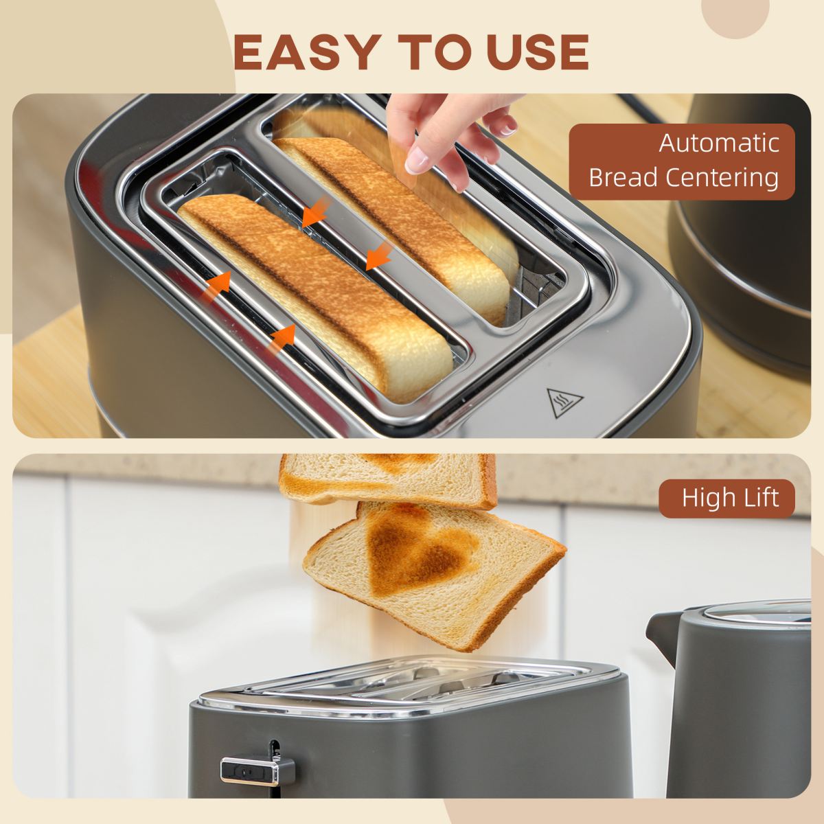 HOMCOM 1.7L 3000W Electric Kettle & 2-Slice Toaster Set Grey Auto Shut-Off