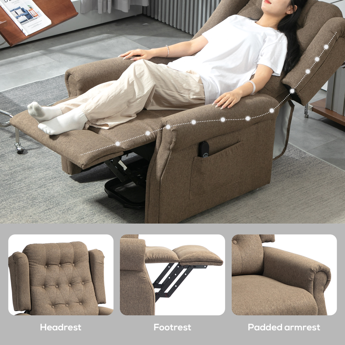HOMCOM Power Lift Recliner Wingback Armchair 150° Recline Button Tufted Dark Brown