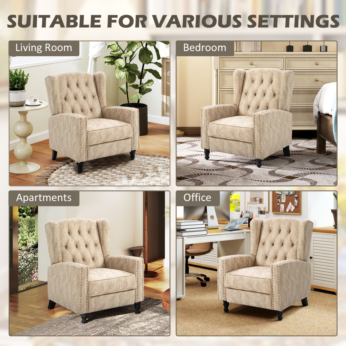 HOMCOM Beige Marble Effect Manual Reclining Armchair Footrest Nailhead Studs 150kg