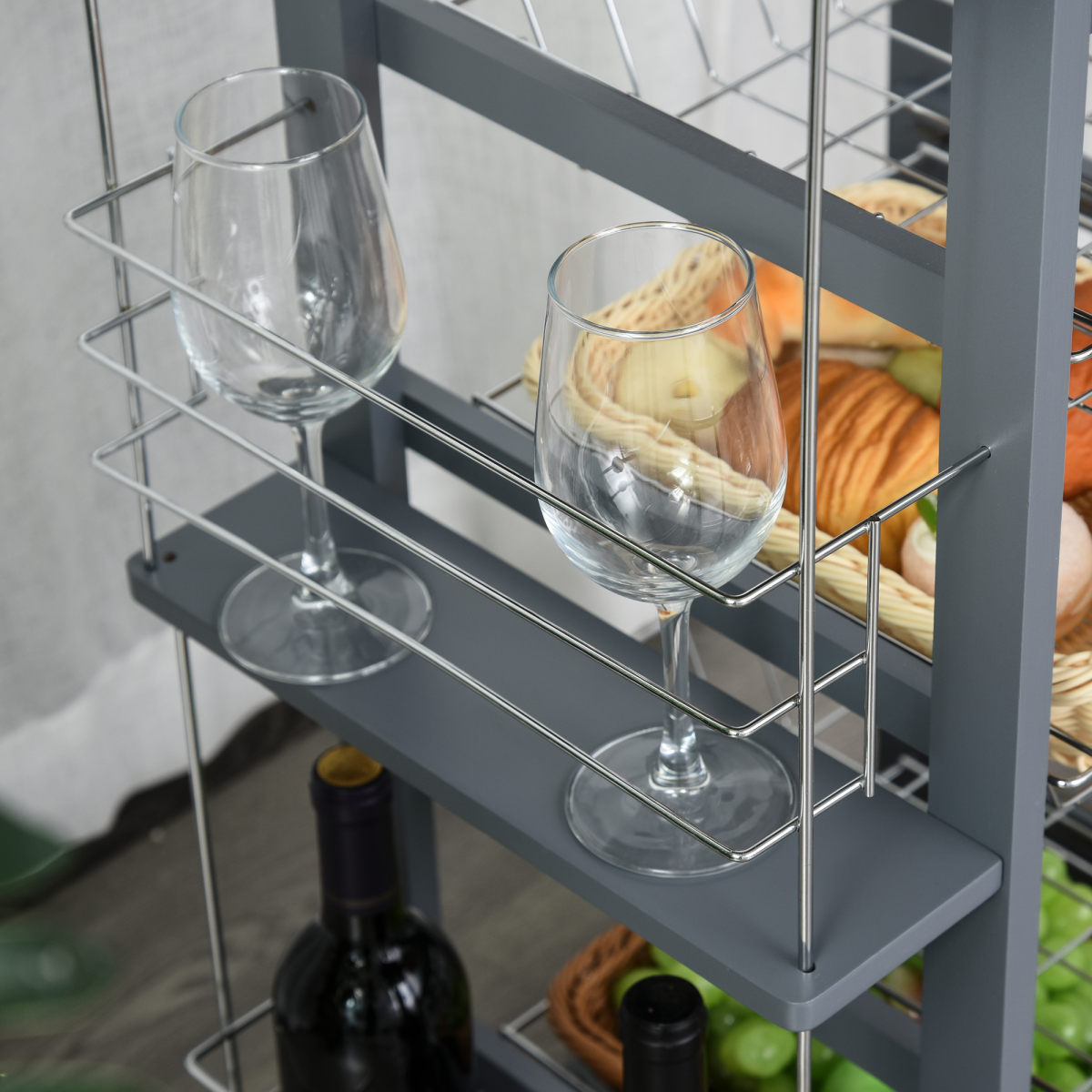 Kitchen Island Trolley Cart w/ 4 Baskets, Drawer & Side Racks Dark Grey