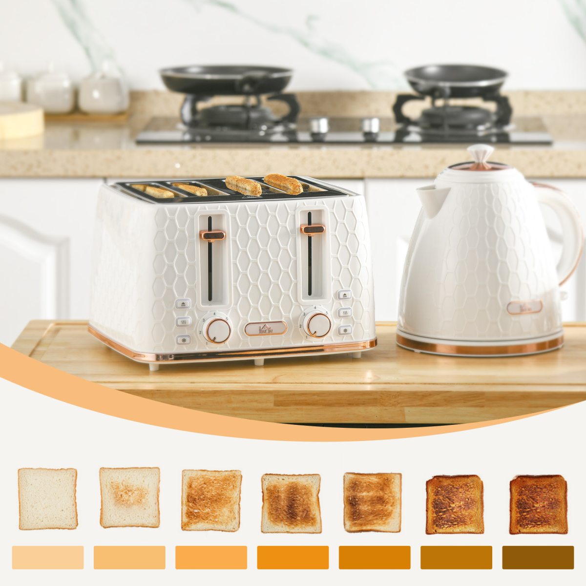 HOMCOM 1.7L Kettle & 4-Slice Toaster Set, Defrost Reheat, Crumb Tray, White