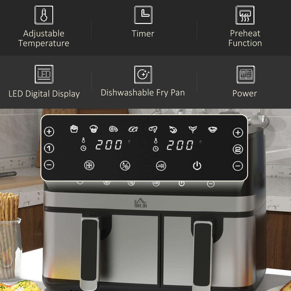 HOMCOM Dual Zone Air Fryer 8.5L, SYNCFinish, 8 Presets, 2700W, Black/Silver