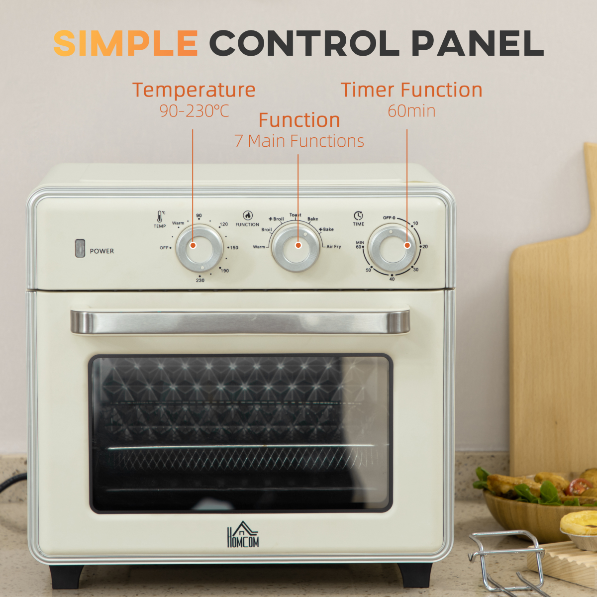 HOMCOM 7-in-1 20L Toaster Oven Air Fryer 4-Slice 1400W Timer 90-230℃ 360°