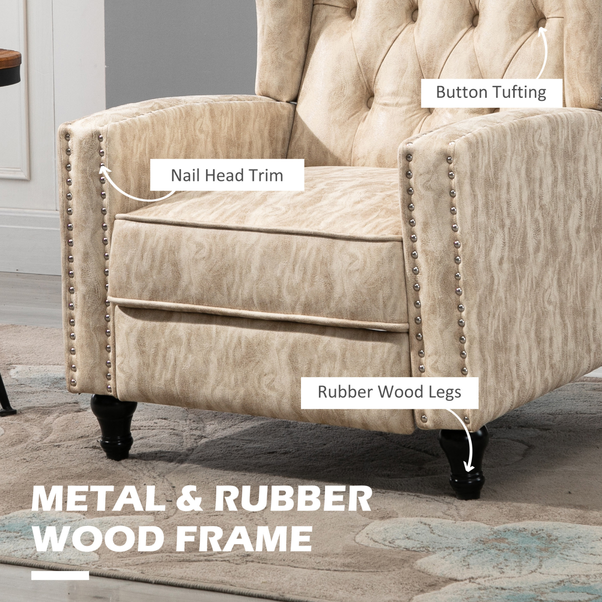 HOMCOM Beige Marble Effect Manual Reclining Armchair Footrest Nailhead Studs 150kg