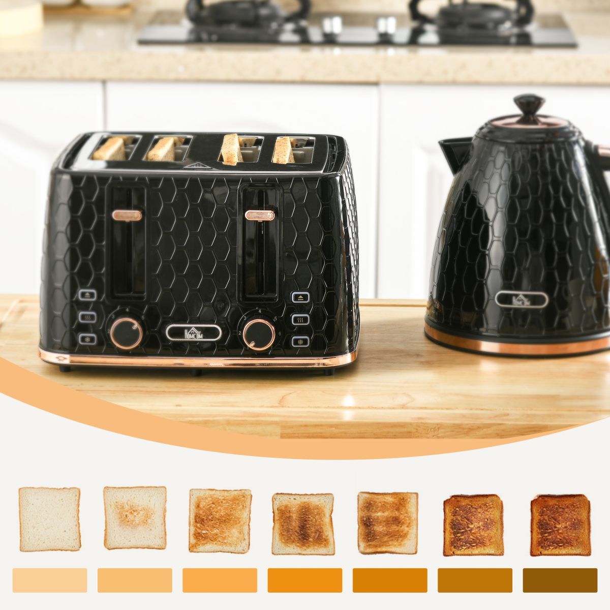 HOMCOM 1.7L Kettle & 4-Slice Toaster Set, Defrost Reheat Auto-Centres Black