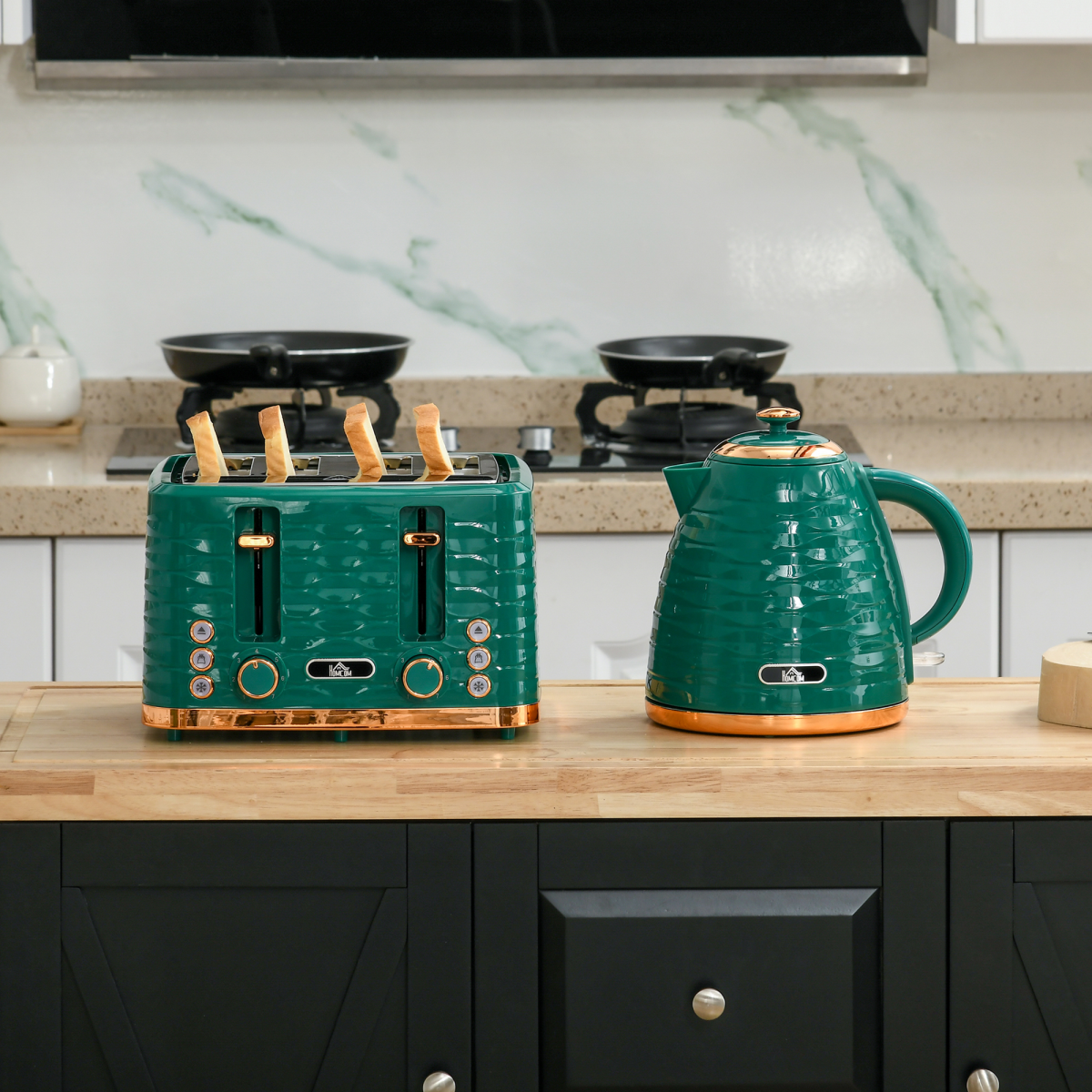 HOMCOM 1.7L Kettle & 4-Slice Toaster Set Rapid Boil Green Pebbled Design UK