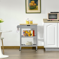 Kitchen Trolley Utility Cart on Wheels, Rubberwood Top, Towel Rack, Drawer, Shelves
