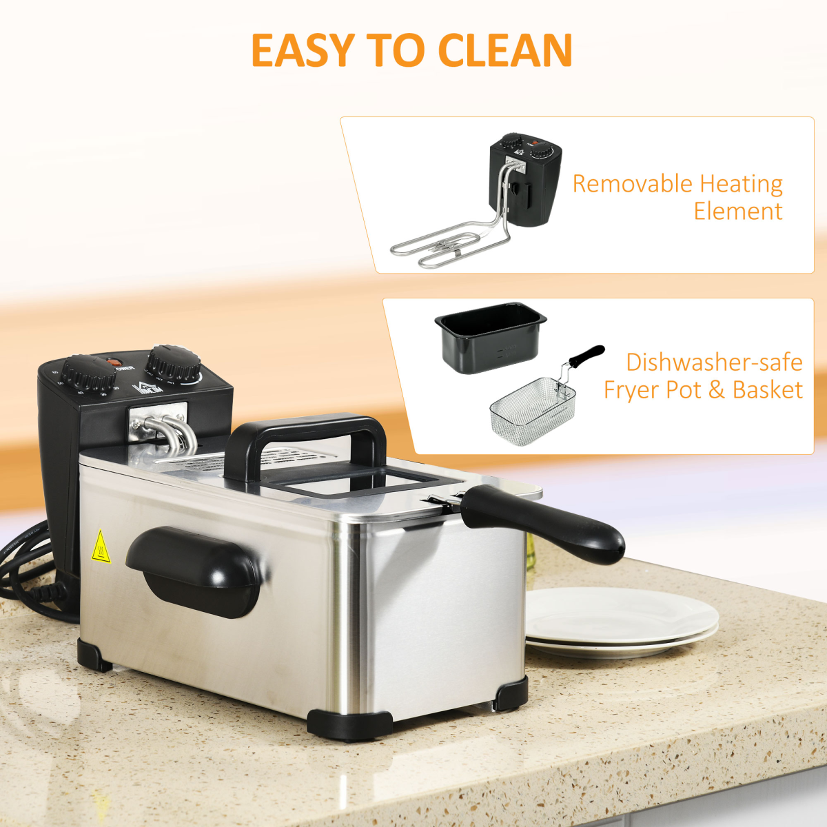 HOMCOM 3L Deep Fat Fryer 2000W Adjustable Thermostat 60min Timer Glass Lid