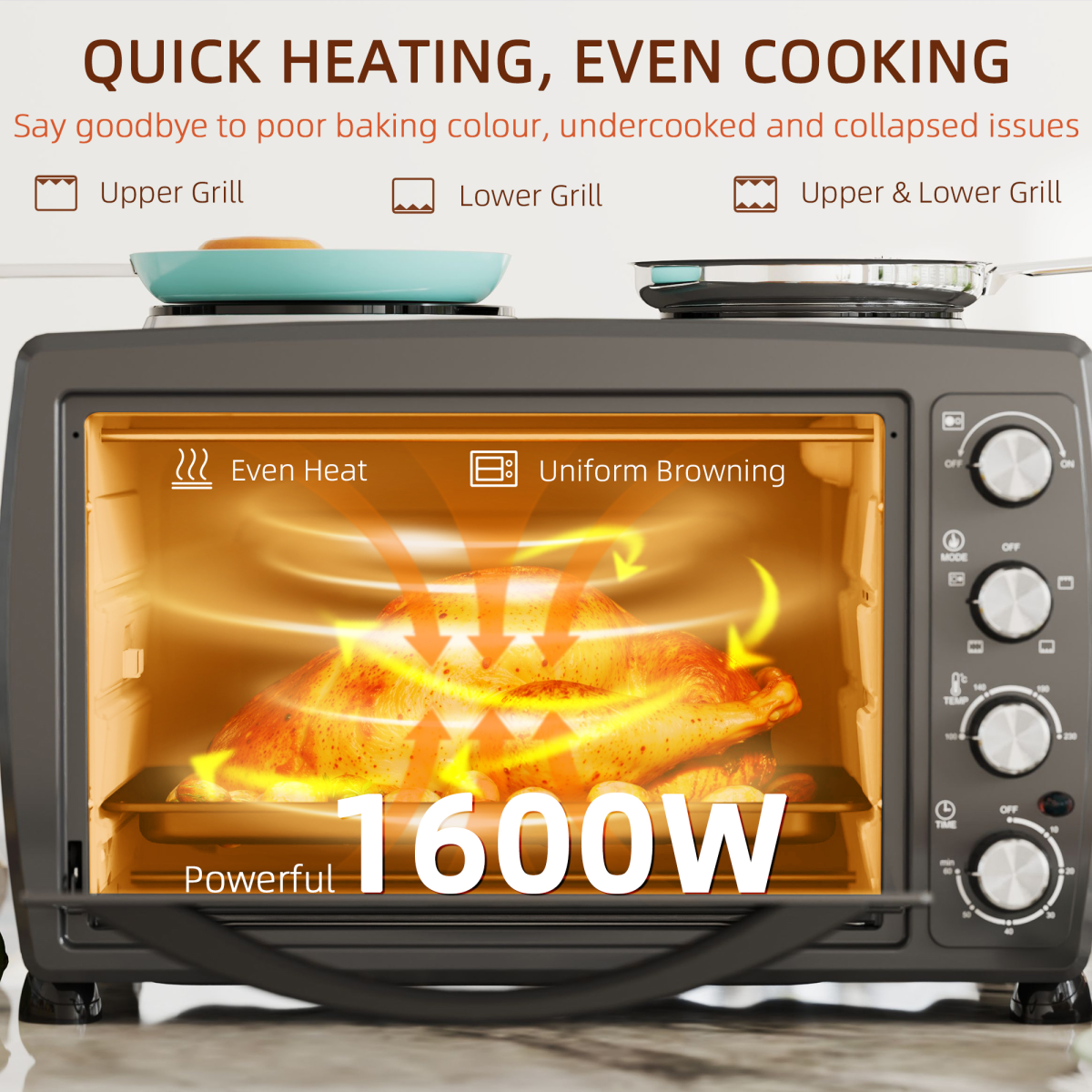 HOMCOM 36L Toaster Oven 2 Hot Plates 2600W Grill Roast Bake with Timer Black UK