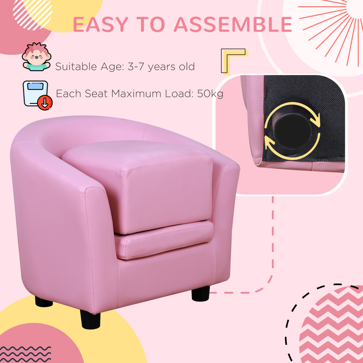 HOMCOM Kids Mini Sofa Armchair with Ottoman, Playroom Bedroom, Pink & Black 45kg