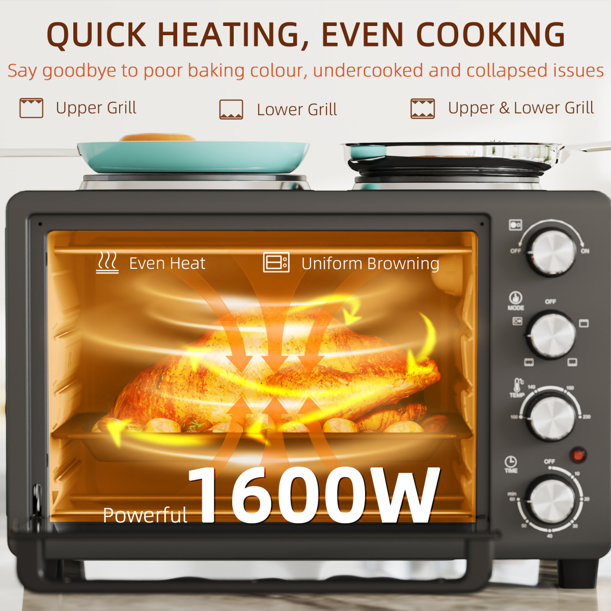 HOMCOM 28L Toaster Oven 2 Hot Plates Grill Roast Bake Countertop 2600W Black