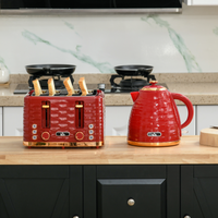 HOMCOM Red 1.7L Rapid Boil Kettle & 4 Slice Toaster Set Pebbled Design UK
