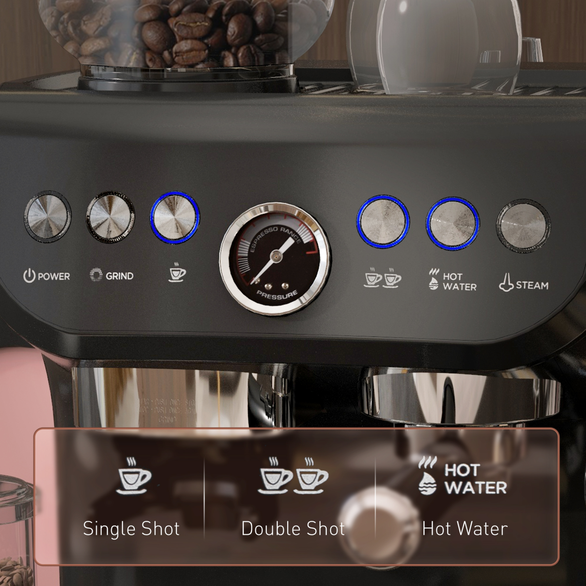 15 Bar Espresso Coffee Machine Black w/ Integrated Bean Grinder & Steam Wand