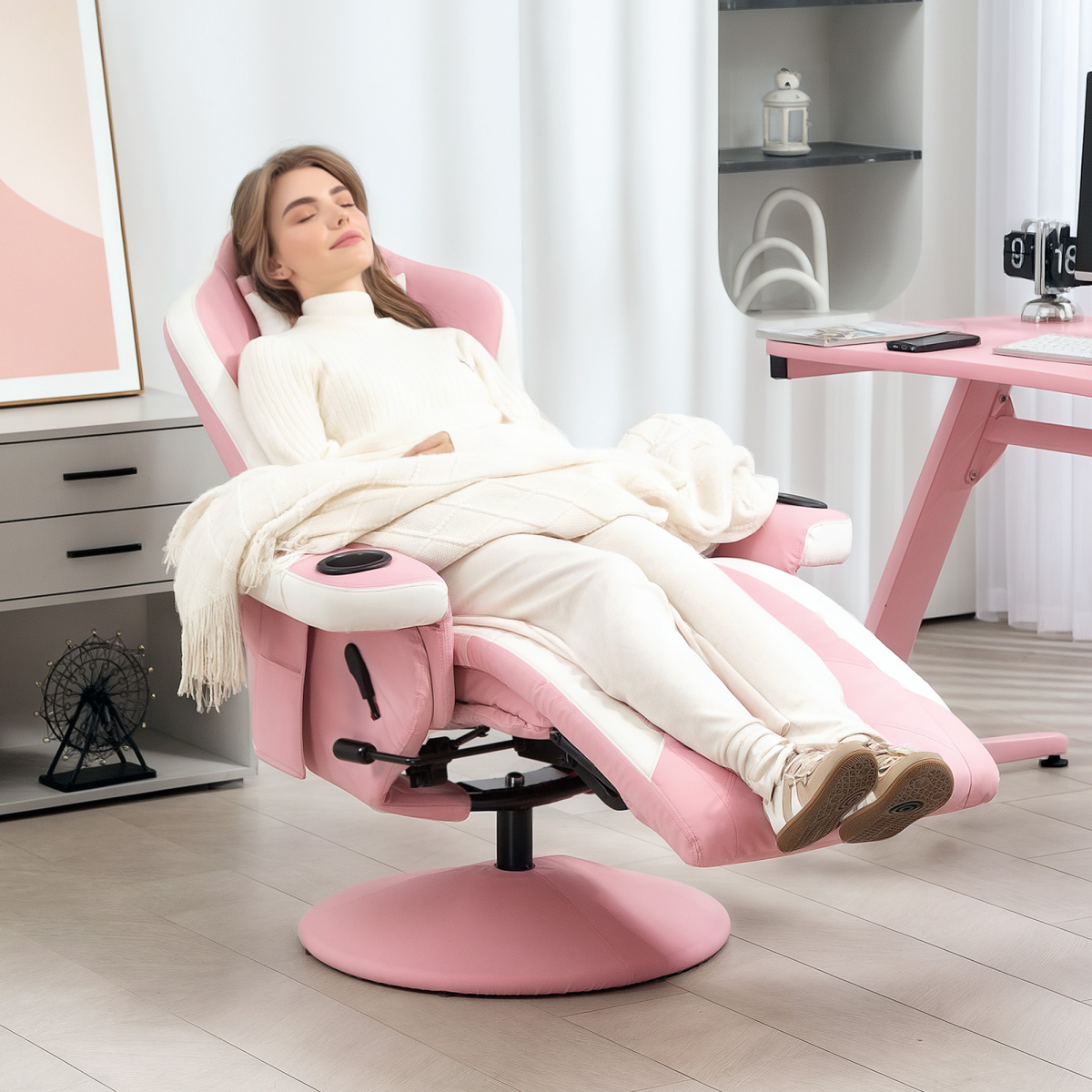 HOMCOM Pink 135° Manual Recliner Swivel Armchair PU Sofa Chair Footrest 130kg