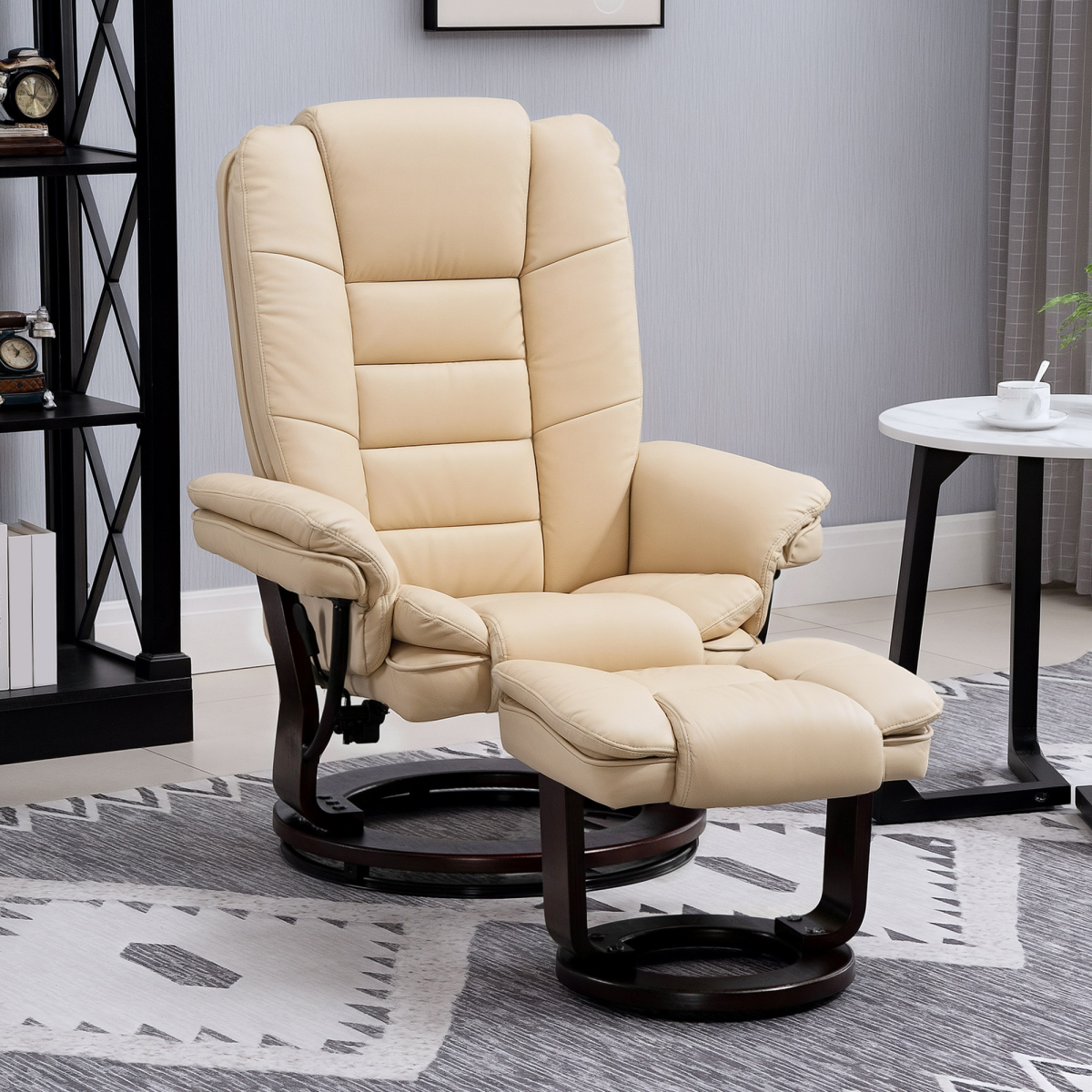HOMCOM Swivel Manual Recliner Lounge Chair + Footrest Set PU Leather Beige 130kg