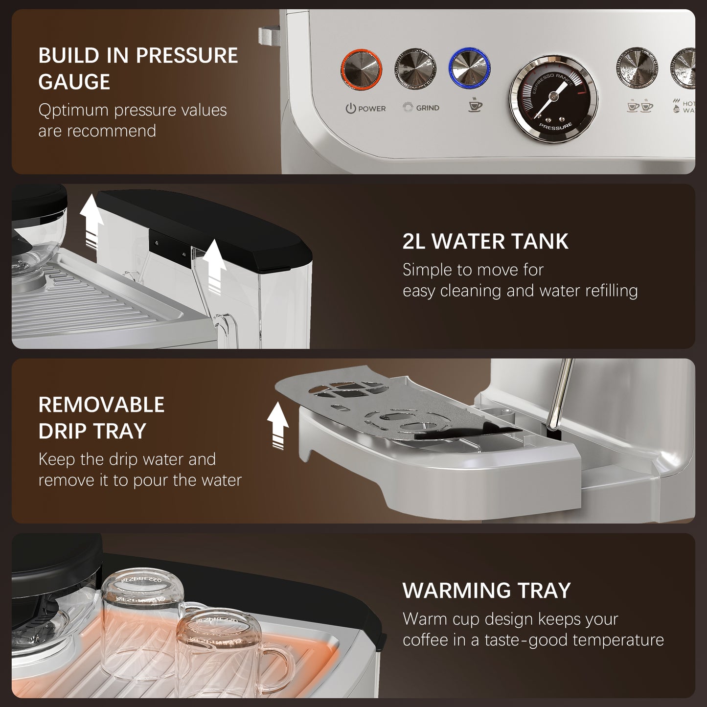 HOMCOM Espresso Machine with Bean Grinder & Steam Wand, 15 Bar, Silver