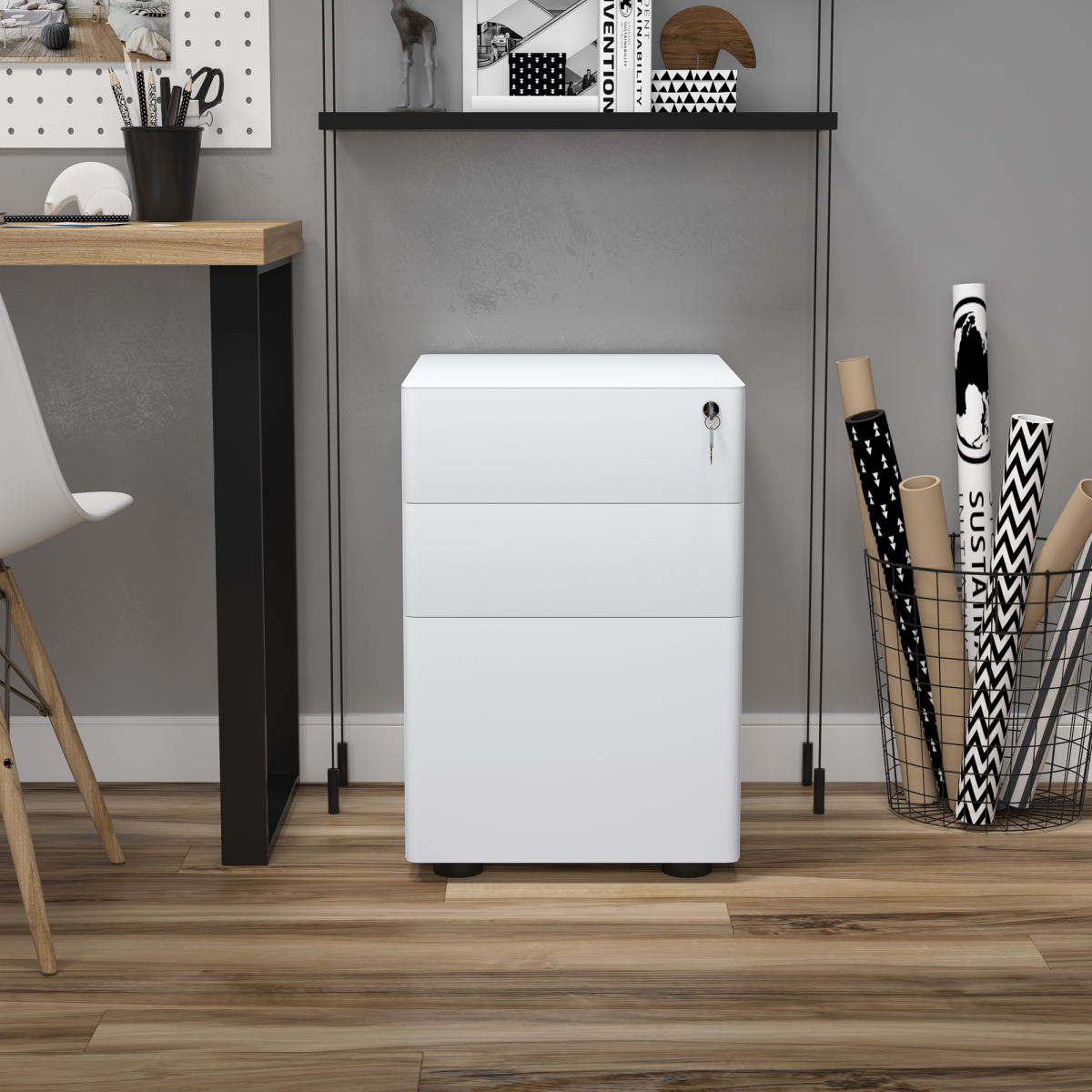 3 Drawer Metal Filing Cabinet Lockable 4 Wheels Compact Under Desk White