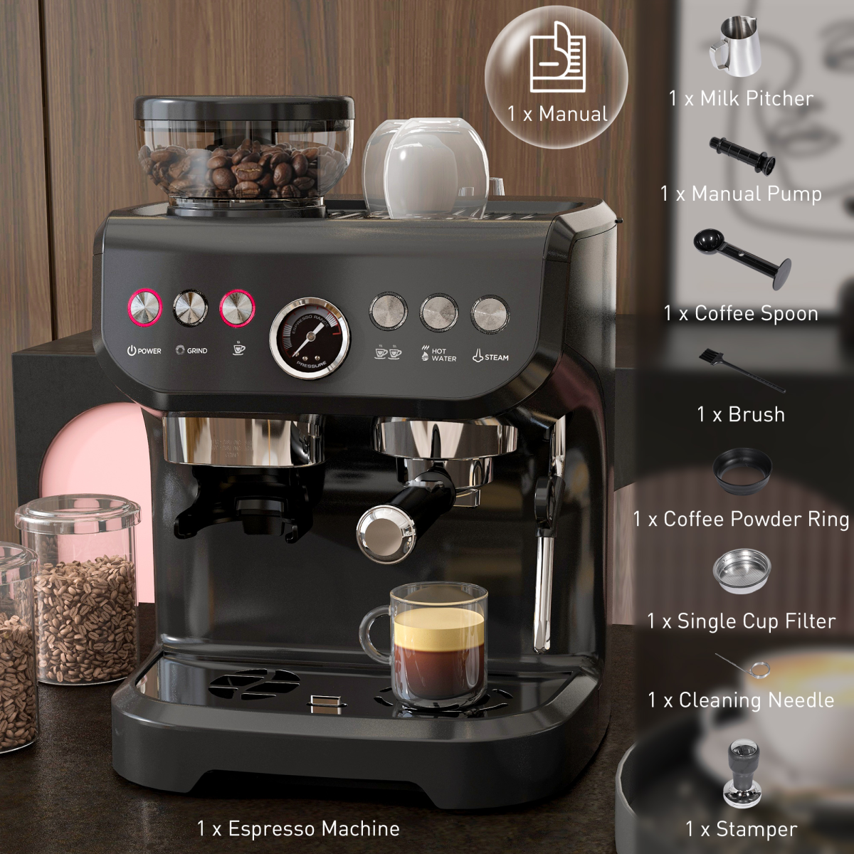 15 Bar Espresso Coffee Machine Black w/ Integrated Bean Grinder & Steam Wand
