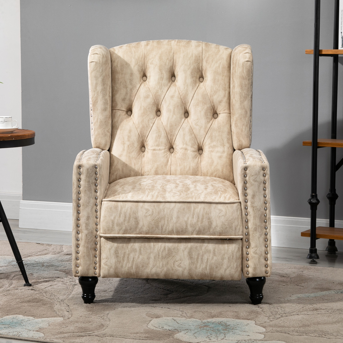 HOMCOM Beige Marble Effect Manual Reclining Armchair Footrest Nailhead Studs 150kg
