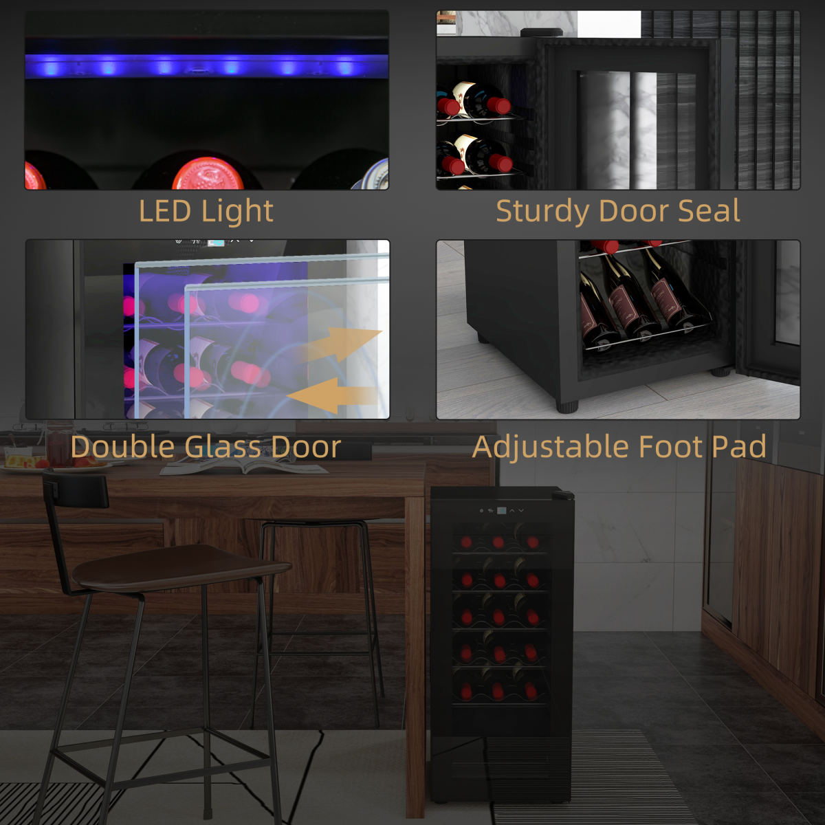 HOMCOM 50L Wine Cooler Fridge 18 Bottles Undercounter Glass Door LED 41dB