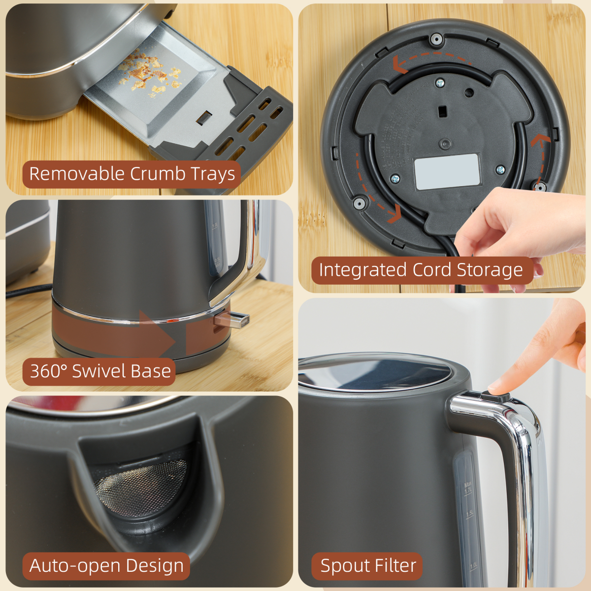 HOMCOM 1.7L 3000W Electric Kettle & 2-Slice Toaster Set Grey Auto Shut-Off