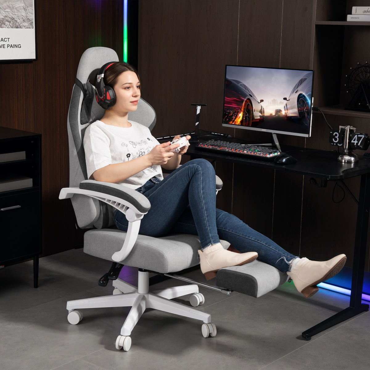 HOMCOM Printed Velvet Computer Recliner Chair with Adjustable Height, Grey